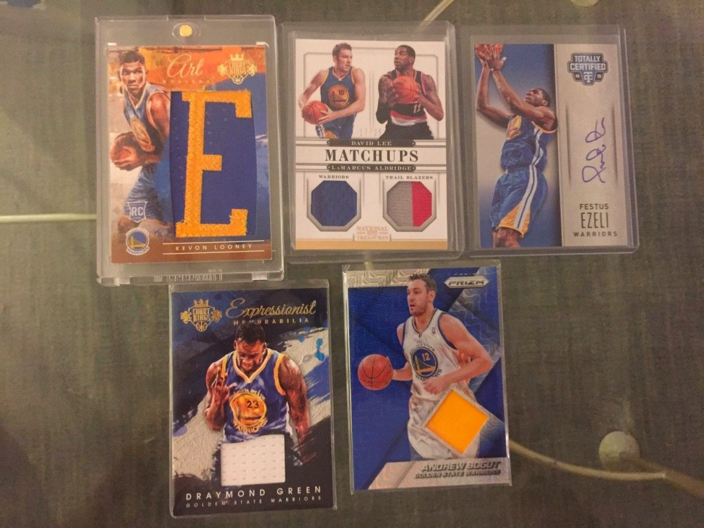 Warriors:Kevon Looney letter patch /6: $70Dual patch with Lee /25: $18Festus Ezeli auto /49: $6Draymond Green relic /299: $6Andrew Bogut relic: $3