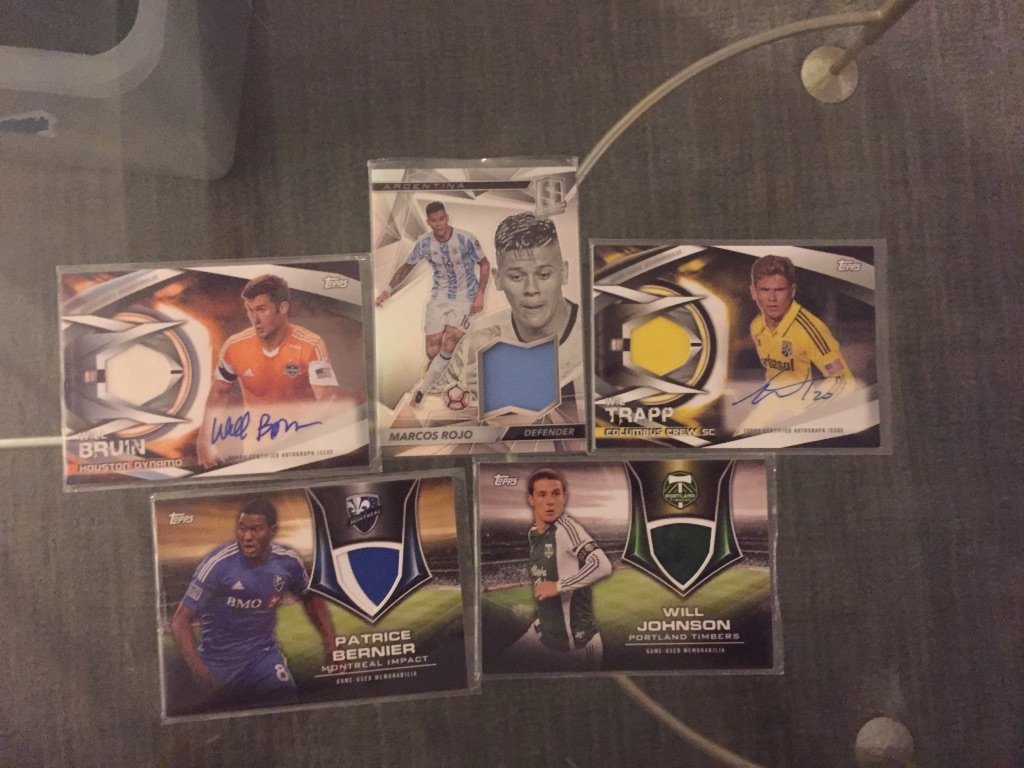 Soccer:Will Bruin Dynamo auto relic /25: $5Marcos Rojo Argentina relic /199: $5Wil Trapp Columbus Crew auto relic /100: $4Patrice Bernier Impact patch /25: $4Will Johnson Timbers relic /85: $2