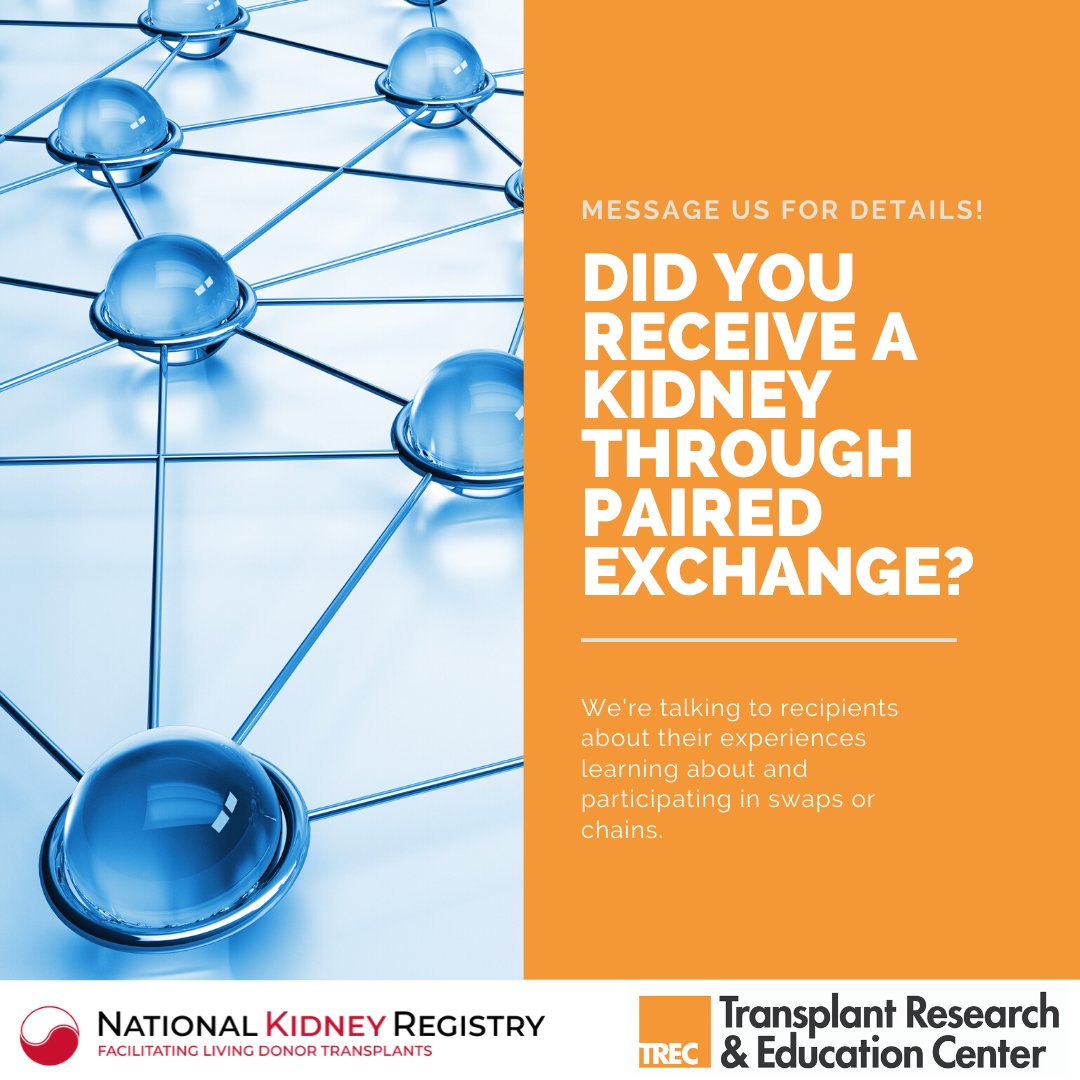 exploretxplant's tweet photo. Are you interested in helping us improve paired exchange education for future kidney recipients? If you've received a kidney through a paired exchange, direct message us to share your story!

#kidneytransplant #shareyourspare #pairedkidneyexchange #pairedexchange #transplantchain https://t.co/X0hpWZvRFk