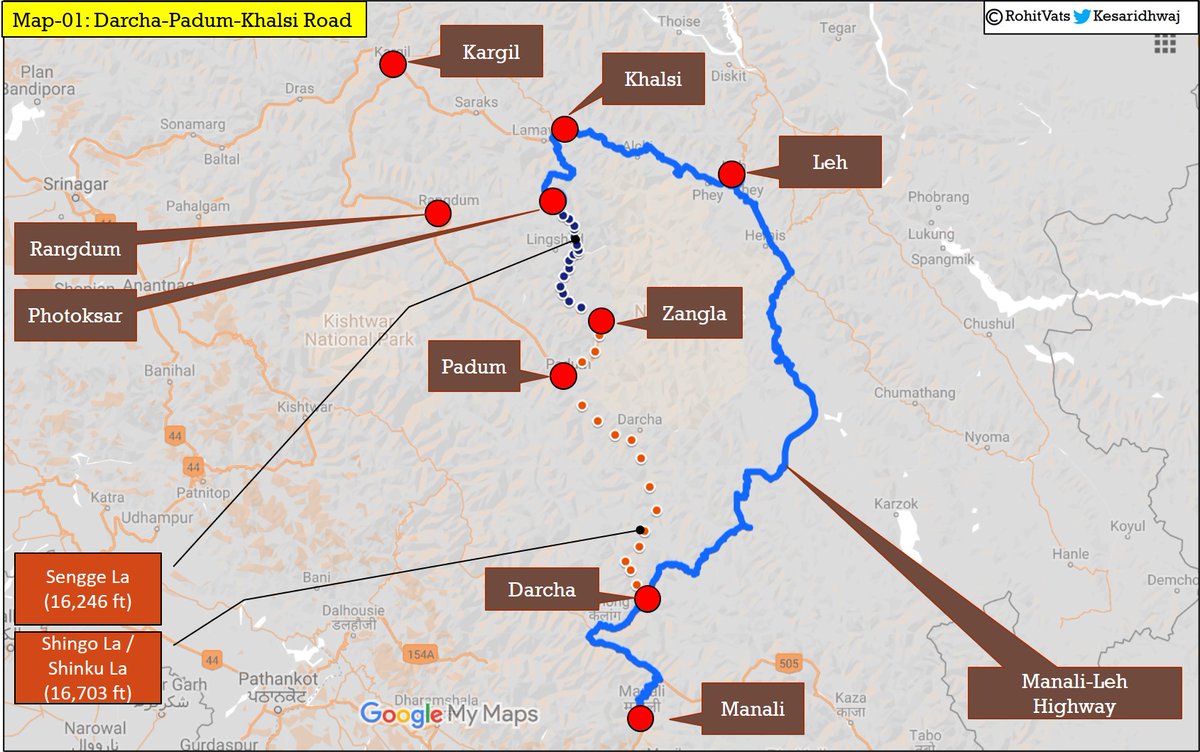 + access to any major market.- With this new road, locals can access Manali (~300 km) in Himachal for major purchasesRoad 2: Connects Zanskar Valley with Leh via Khalsi and completely bypasses the much longer Padum-Kargil-Leh road (450+ km) which was a 2-day journey.+
