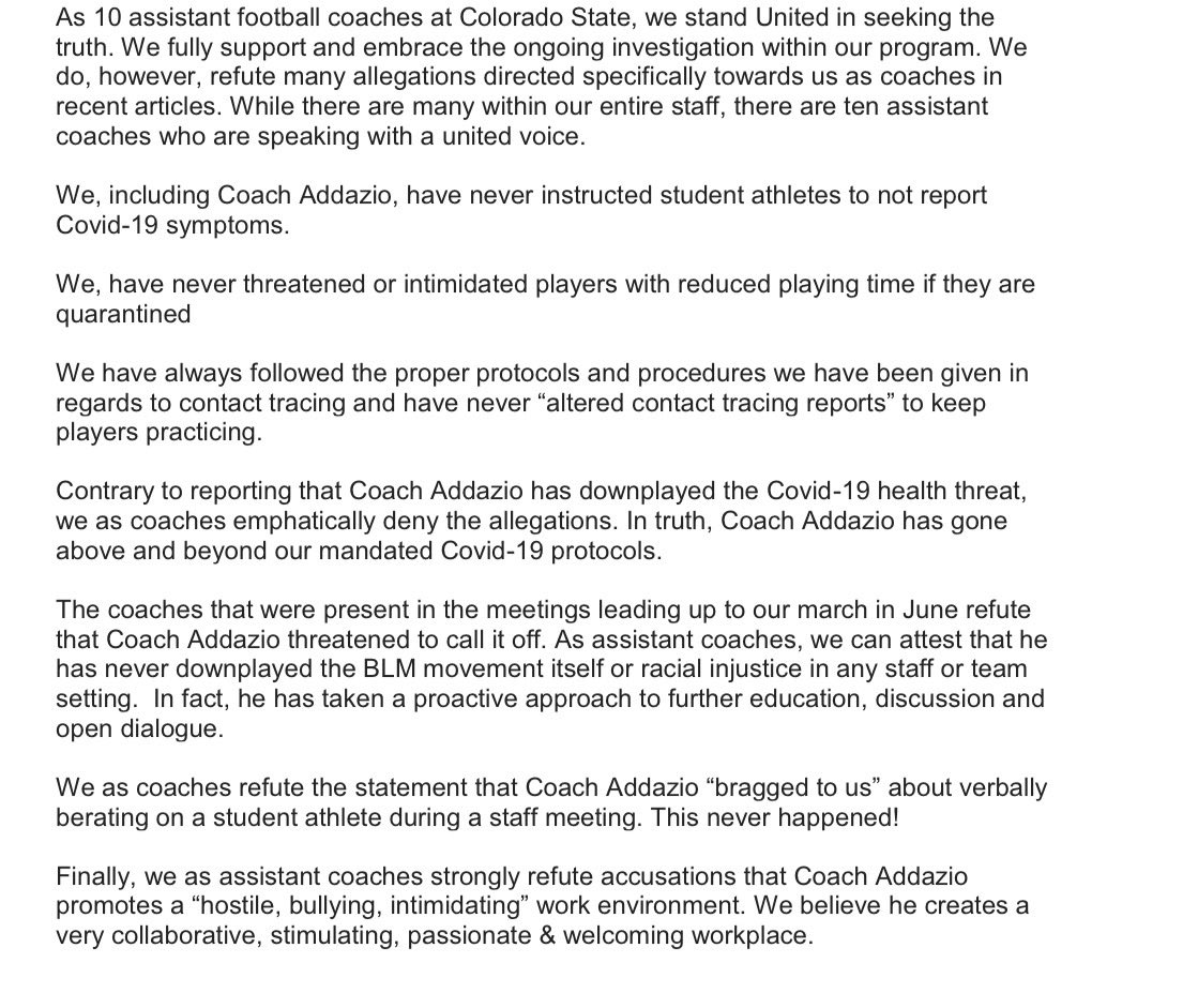 Kevin_Lytle's tweet photo. Colorado State football assistant coaches sharing statement of unity in support of Steve Addazio https://t.co/QS3jTn4XI5 https://t.co/6XbmA8JMkM