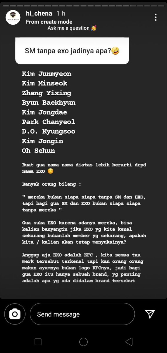 bunaloey's tweet photo. Yash aku setuju sama kak Chena 
Sebulan lalu aku pernah di tanya sama adekku yang umurnya baru 9 tahun 
A: kk knapa kk Suka Exo? Knp bukan bst? 
Me:karna chanyeol cuma ad d Exo 
A:kalo misalkan chanyeol ga di Exo? Kalo chanyeol di situ? KK masih suka Exo?
Me: masih,karna baekhyun https://t.co/tSJtKEi2WB