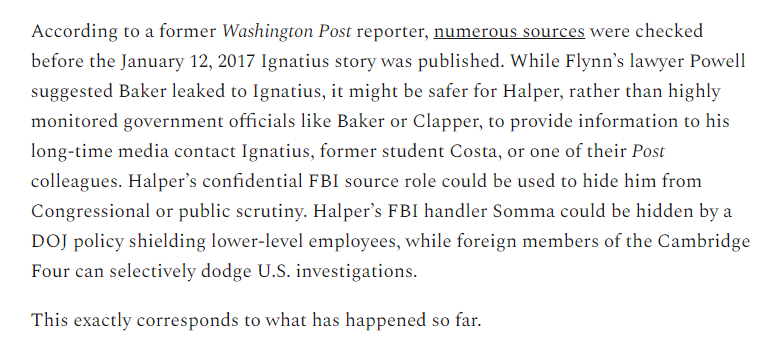 While some, including  @SidneyPowell1 like James Baker of the Pentagon's Office of Net Assessment [ONA] for the Flynn leak to the Washington Post, Schrage's take is that it's far more likely the leaker was Halper himself. There are advantages to being a FBI CHS.