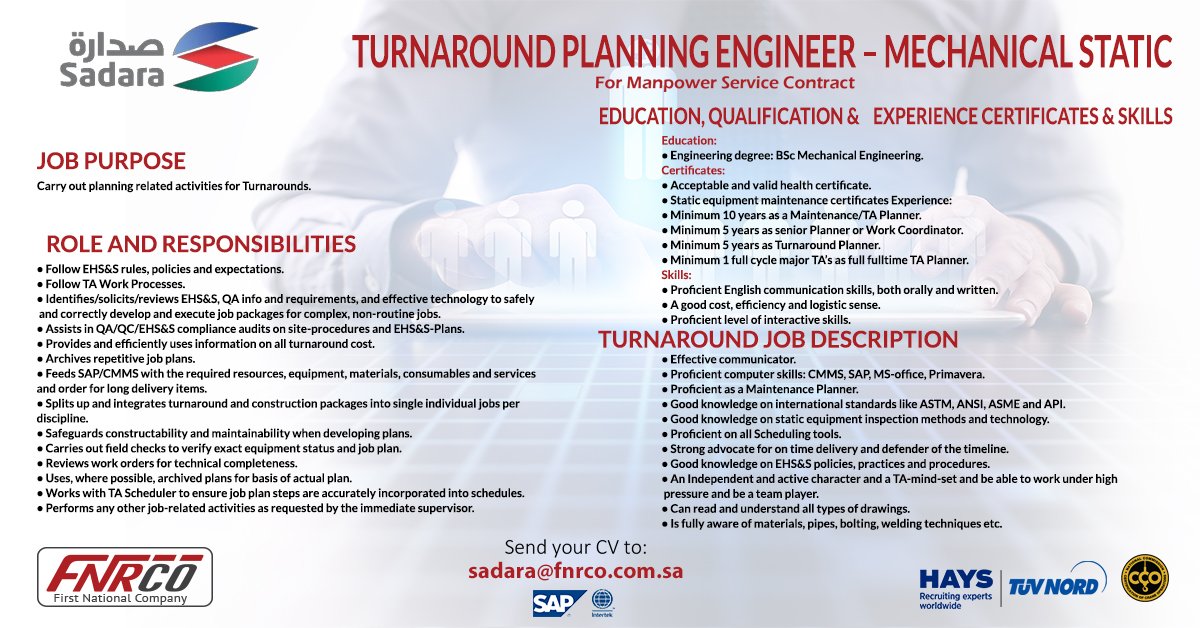 FNRCO_KSA's tweet photo. We are hiring "Turnaround Planning Engineer – Mechanical Static" for Petrochemical / Oil & Gas Industry.
#PlanningEngineer #TA #mechanicalstatic #Petrochemical #oilandgas #hiring #ksajob #Careers #recruitment https://t.co/wGuOYwNUeZ