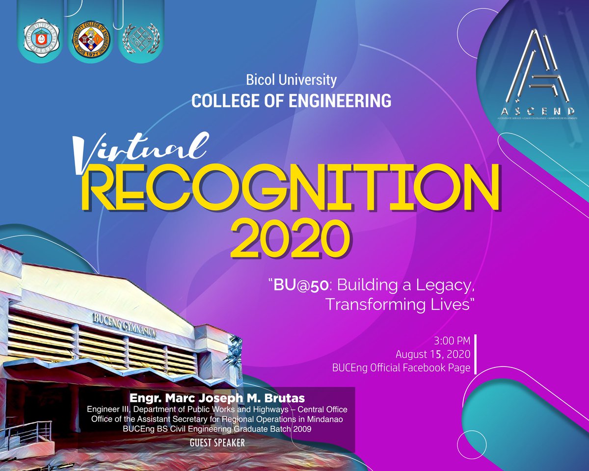 bucengcsc's tweet photo. #BUCEngRecognition2020
#VirtualRecognition
Let's make history!
Witness the very first virtual College Recognition Program of Bicol University College of Engineering premiering on the 15th of August, 2020, 3:00 PM on the BUCENG-CSC Official FB Page. https://t.co/GWgnFOVtzl