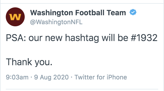 MichaelDavSmith's tweet photo. The Washington Football Team announced its new hashtag was #1932 but didn't realize that you can't hashtag numbers. https://t.co/LWMayqxnqO