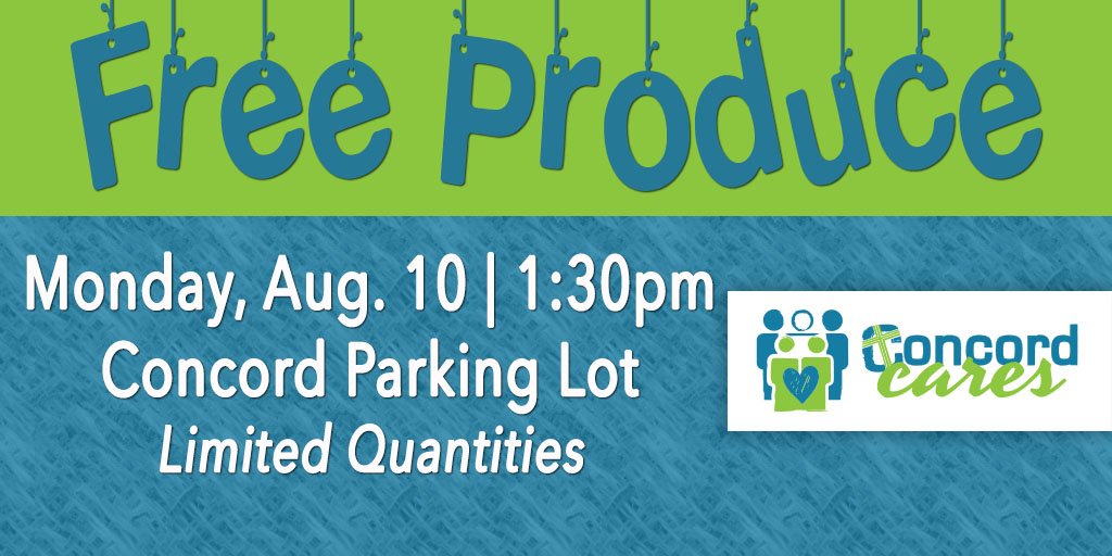 concordjc's tweet photo. Limited quantities of free produce will be available at Concord on Monday, Aug. 10 at 1:30 pm.  Please go to the front parking lot and one box will be loaded per vehicle. https://t.co/Z5UfxTBihO