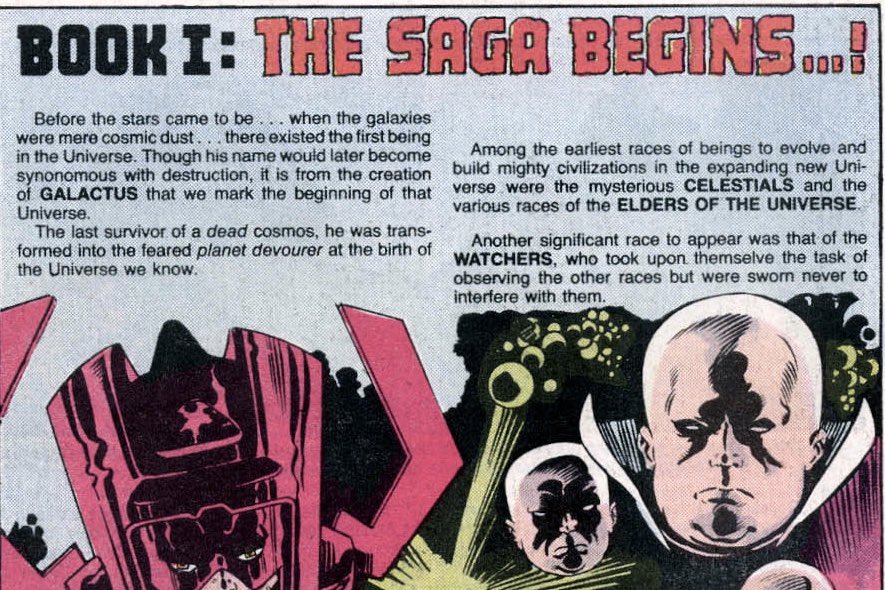First 5 pages were created new for issue 1. Moves quickly from the Big Bang thru to the birth of the Fantastic 4. Has the story been told about how the Elders of the Universe came to be? This bit about their ‘various races’. I’d love to read that. Game of Thrones in space!