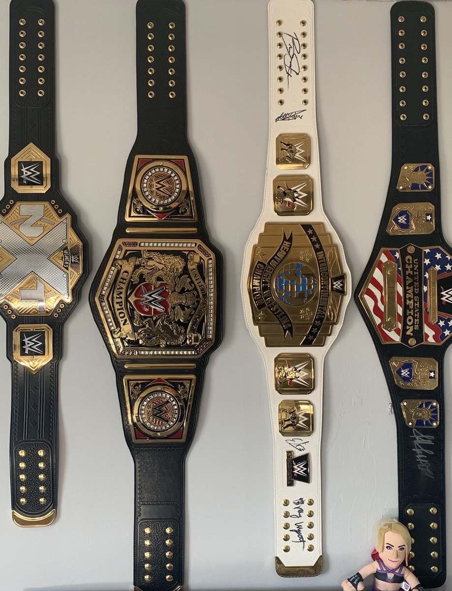 My small collection of title belts #WWE #wwetitlebelts #wwecollector