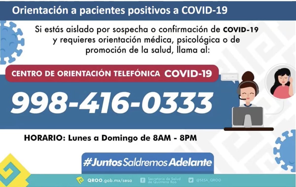 #QuintanaRoo pone a disposición de la gente un nuevo servicio telefónico exclusivo para casos de #COVID19 

#QuedateEnCasa 
#JuntosSaldremosAdelante