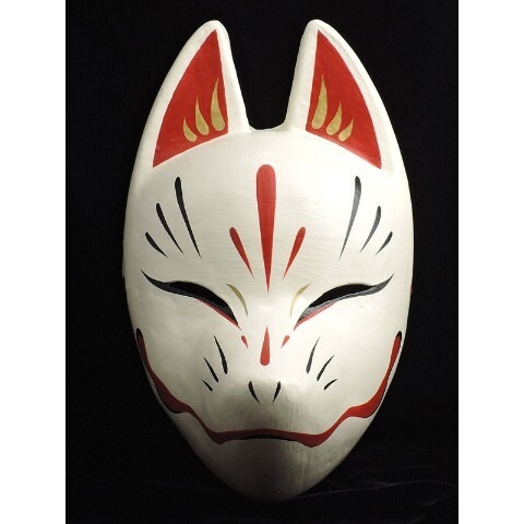 狐面堂　狐面　鈴稲　白　中サイズ　狐の面 白赤