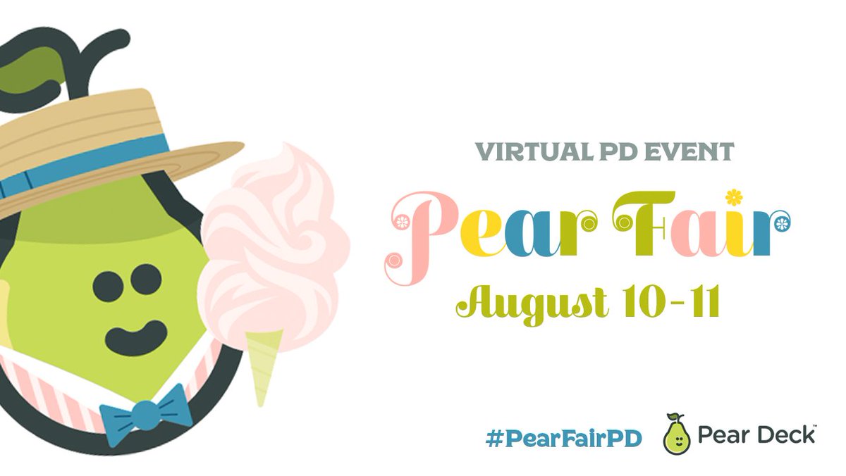 Here are the answers to #PearFairPD FAQs!

🎟 Free to join!

🎡 Sessions will be recorded; register to receive via email!

🍭 A certificate of attendance will be emailed; be sure to register!

🍿 There's still time to join! peardeck.com/pear-fair-2020

We'll see you tomorrow! 🙌