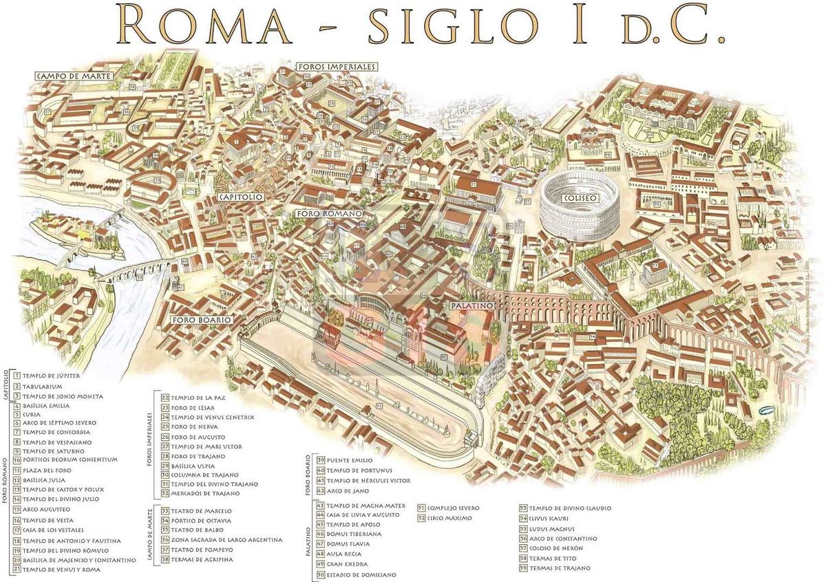 Mapa para peregrini de la Roma del siglo I D. C. Como orientarse en la Roma  Antigua., image size:1200x846