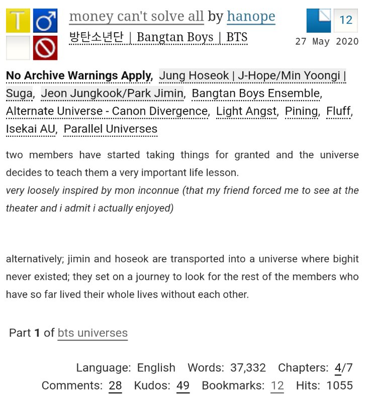 Money can't solve all by hanope

✨ Yoonseok, jikook
✨ Parallel universes
✨ Lots of pining

archiveofourown.org/works/20620001