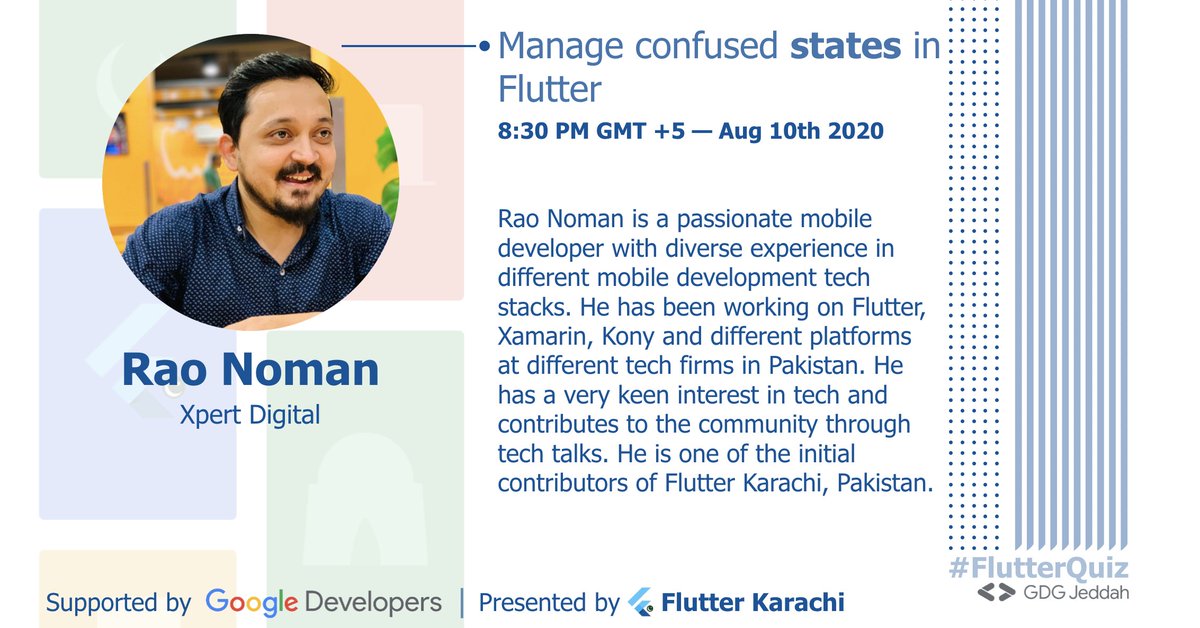 FlutterKarachi's tweet image. We have our third session tomorrow, at Flutter Quiz League 2020, by Rao Noman! We will be live on our Facebook Page at 8:30 PM GMT +5 👨💻
Facebook: facebook.com/flutterKarachi…
#FlutterQuiz