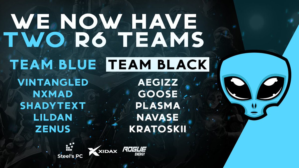 Martian_GG's tweet photo. We have two #RainbowSixSiege teams now. MG Blue and MG Black.

**MG Blue:**
 - Vintangled
 - Nxmad
 - ShadyText
 - LilDan
 - Zenus

**MG Black:**
 - Aegizz
 - Goose
 - Plasma
 - Navase
 - Kratoskii

#martiangg https://t.co/tUPP0ccE9a