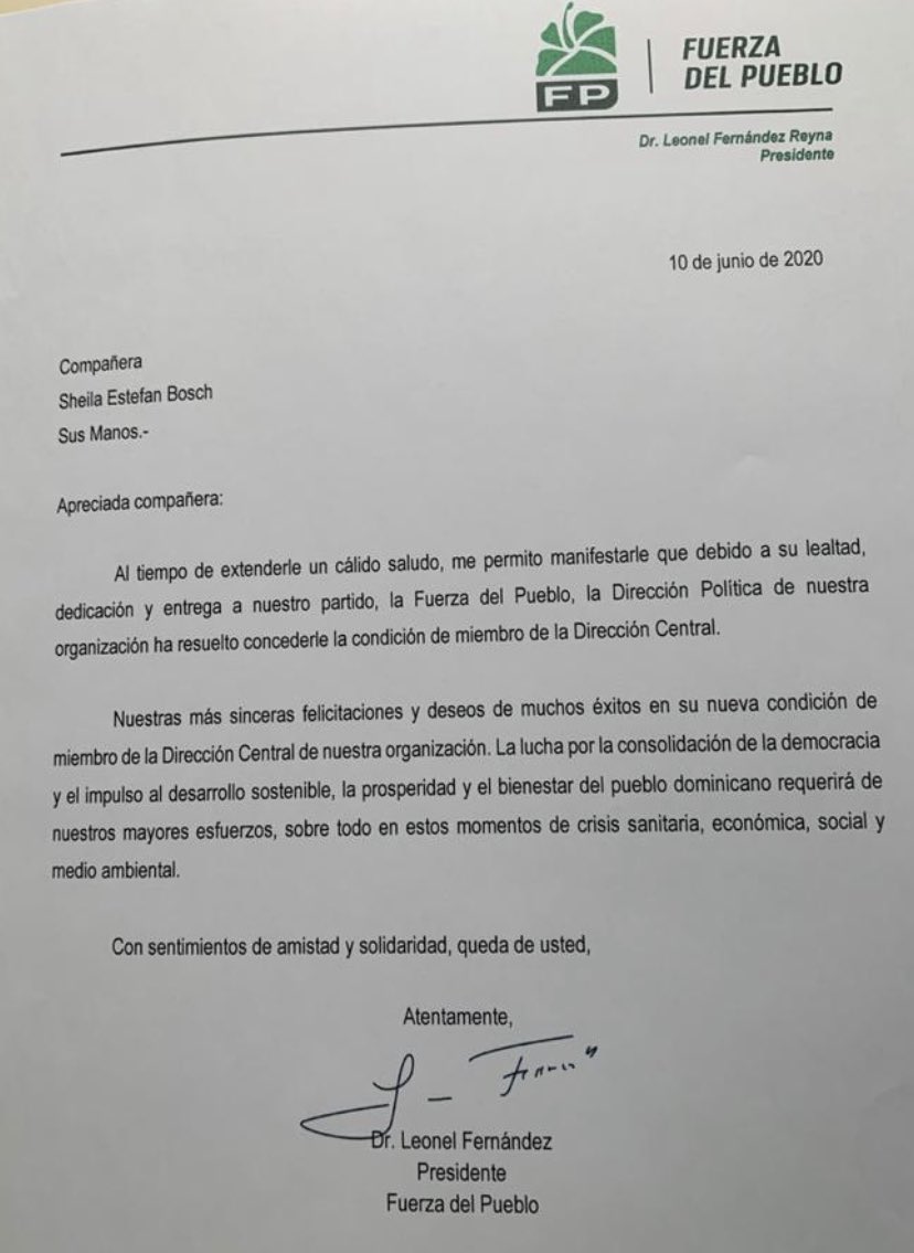Gracias amiga <a href="/Sheila_Stefan/">Sheila Stefan Bosch</a>  por cruzar al lado bueno de la historia y formar parte de la DC <a href="/FPcomunica/">@Fuerza del Pueblo (FP)</a> como un homejane a tu abuelo Juan Bosh q un día dejo su partido por honor como  <a href="/LeonelFernandez/">Leonel Fernández</a> dejo por traición <a href="/PLDenlinea/">PLD</a> hoy gracias  <a href="/DaniloMedina/">Danilo Medina</a> #dinidadnosenegocia