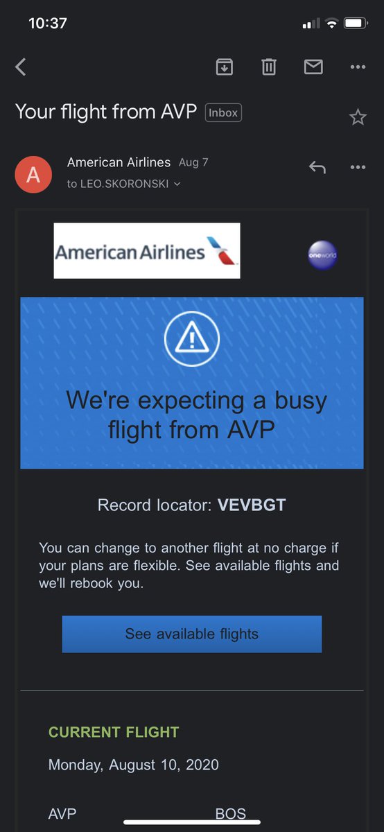 Leo_Joseph18's tweet photo. It’s super cool @AmericanAir emails you if your flight is full (nice to see them doing the right thing during Covid) but what’s the point if they won’t let you change flights. I’m now more nervous about Covid getting on the flight than I would have been if they didn’t email me! https://t.co/jJr9JzQ9Fh