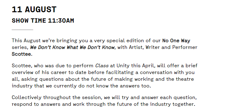 The  @unitytheatre are hosting a free workshop with  @ScotteeIsFat , as part of their No One Way series of events and weekly informal discussions led by those working in the arts. Book here:  https://www.unitytheatreliverpool.co.uk/whats-on/no-one-way-with-scottee-we-dont-know-what-we-dont-know/