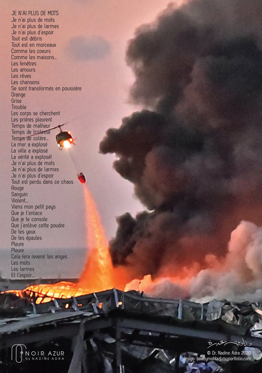 JE N’AI PLUS DE MOTS
Je n’ai plus de mots 
Je n’ai plus de larmes
Je n’ai plus d’espoir
Tout est débris 
Tout est en morceaux
Comme les coeurs 
Comme les maisons...
Les fenêtres
Les amours 
Les rêves
Les chansons 
Se sont transformés en poussière (...)
#Lebanon #Beyrouthexplosion