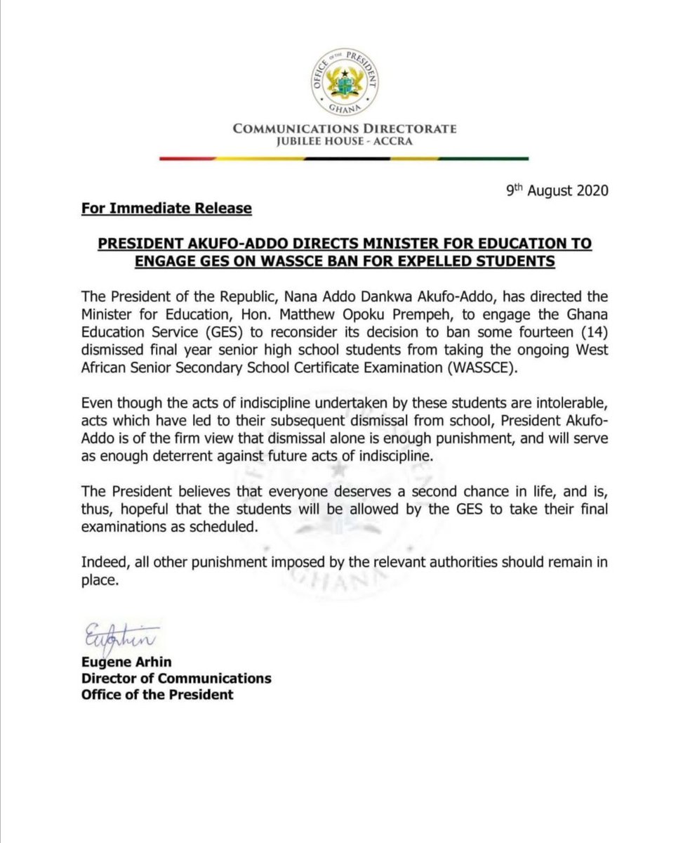 LuvFM995's tweet image. President Akufo-Addo directs Minister for Education to engage GES on WASSCE ban for expelled students.

#LuvUpdate