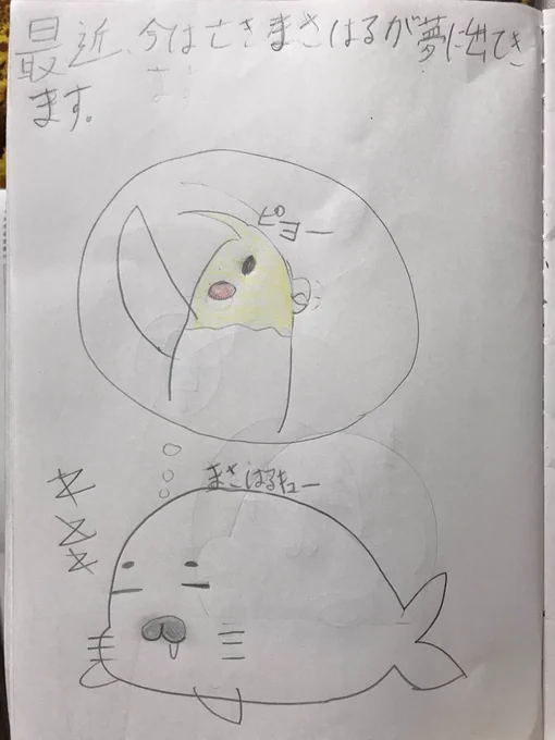 ウチの次男、久しぶりに今は亡きまさはる(オカメインコ)を、描いていました。私も夢の中で会いたい。#ゴマちゃん 