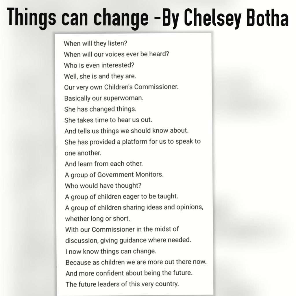 NomdoChristina's tweet image. Chelsey shared in her poem that she is hopeful that ‘things can change’. She speaks of ‘sharing ideas and opinions’. #ChildrensCommissionerWC #ChildGovernmentMonitors #IAmGenerationEquality