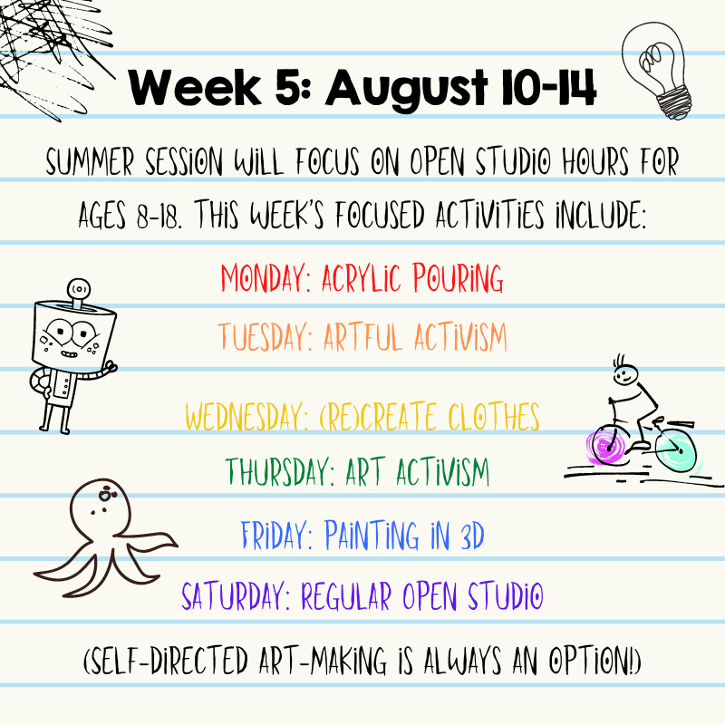 buildingCOURAGE's tweet photo. Here's the week ahead at a glance! We have two Open Studio sessions per weekday from 1-3pm (for ages 8-13) and from 3:30-5:30p (for ages 13-18). Each day, we'll feature a focused art project noted above. Review our COVID requirements &amp; reserve your space! 
https://t.co/AxM4SNSFv7 https://t.co/KEy4X2Gp9Z