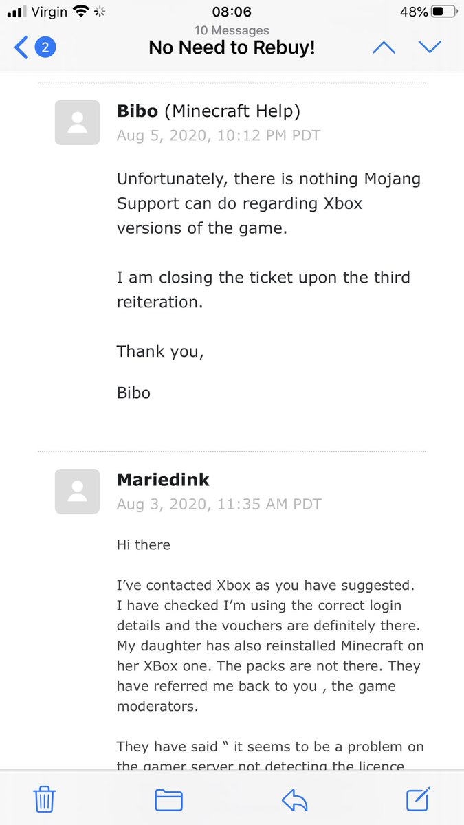 HarnettMarie's tweet photo. @MojangSupport @XboxSupport @Xbox so this is where I’m at after 8 months of waiting. Xbox saying I need to contact Majong and vis versa! Any ideas who I can contact to escalate please 🤷🏻‍♀️. https://t.co/PoSBjyNY8P