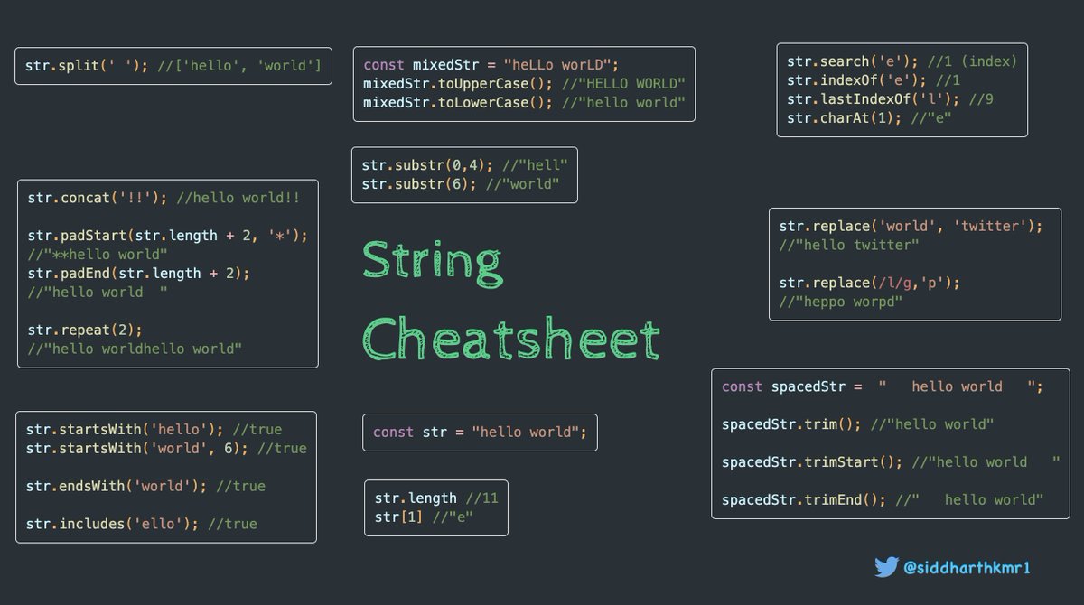 siddharthkmr1's tweet photo. #javascript notes

🪢 String Cheatsheet

🧐 Which methods do you use the most?

#100DaysOfCode https://t.co/Oj6dBL87Z2