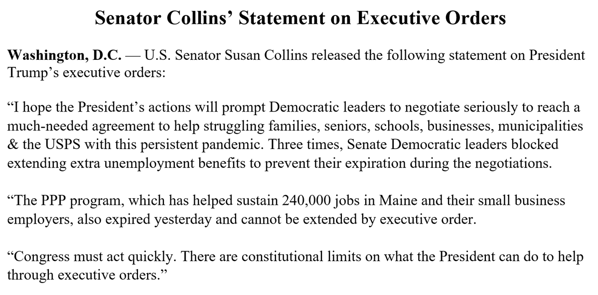 SenatorCollins's tweet image. My full statement on the Executive Orders to provide COVID-19 relief: collins.senate.gov/newsroom/senat…