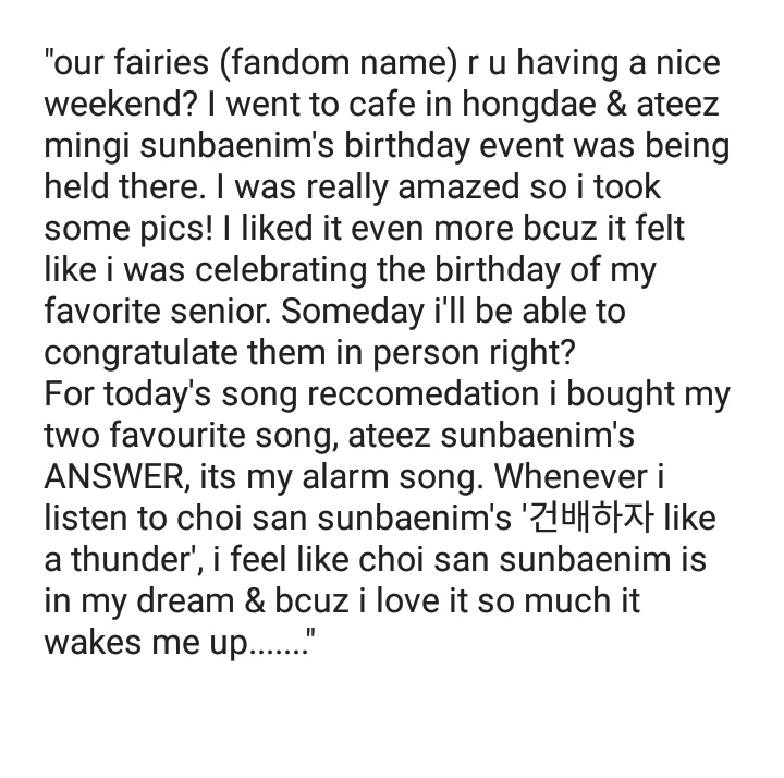  #F_Able Hojun posted a letter saying that he went to Mingi's birthday cafe event and took some picsHe also said he has Answer as his alarm songCr. eunoia_tz  @ATEEZofficial  #ATEEZ    #에이티즈   https://twitter.com/eunoia_tz/status/1292329130747281408?s=19