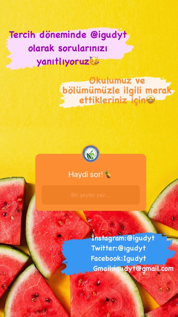 Tercih döneminde Okulumuzu,Beslenme ve diyetetik bölümünü tercih edecek aday arkadaşlarımız için buradayız!🤩
Merak ettiklerinizi sosyal medya hesaplarımızdan veya mail yoluyla bizlere ulaştırabilirsiniz🍍
#2020tercihdönemi
#beslenmevediyetetik
#İgü