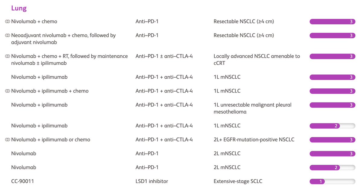 DrewMoghanaki's tweet photo. Below is a list of ongoing clinical trials for lung cancer that are sponsored by Bristol-Myers Squibb. The bar on the right indicates what phase it's in. #lcsm #lcam #ASCO20 #VPS20 #WCLC20 @IASLC https://t.co/U3cFKl8Vca