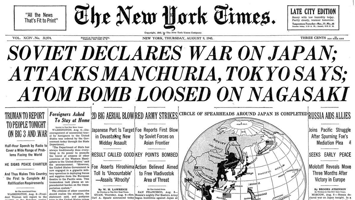 Aug. 9, 1945: Soviet Declares War on Japan; Attacks Manchuria, Tokyo Says; Atom Bomb Loosed on Nagasaki  https://nyti.ms/2DKiS3N 