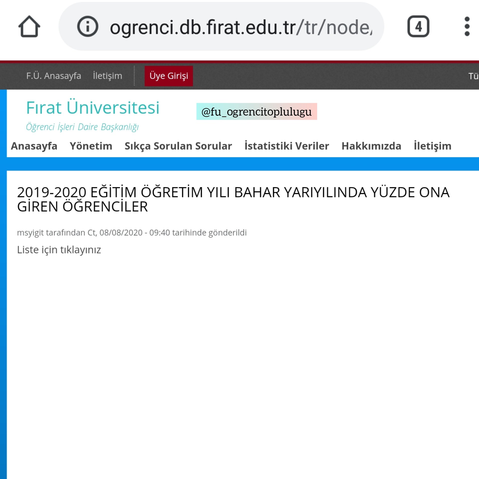 firat universitesi ogrenci toplulugu on twitter duyuru firat universitesi 2019 2020 egitim ogretim yili bahar yariyilinda yuzde ona giren ogrenciler listesi yayinlandi listenin devami bir sonraki tweettedir https t co k0bkrjbwff twitter