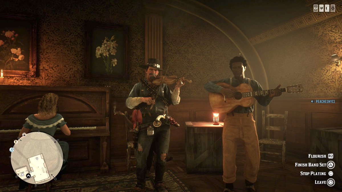 Since Red Harlow learned to play the fiddle at some point in his travels (see thread), he’s putting his skills to good use in Maggie’s moonshine bar. #RedDeadOnline  #RedDeadRevolver