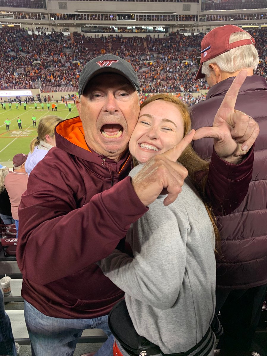 Not_a_boy's tweet photo. @hokiesports Me ‘18 and my dad ‘73 celebrating a 6OT win!!!! https://t.co/e6u8FFv52y