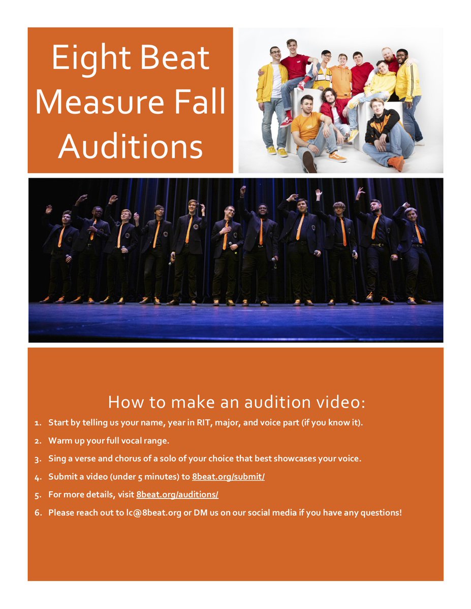With the semester rapidly approaching, we will be running remote auditions! for more information check out 8beat.org/auditions . If you know an incoming or current RIT student who loves to sing send them our way! <a href="/RITtigers/">RIT</a> <a href="/RITAdmissions/">RIT Admissions</a>
#acapella #auditions