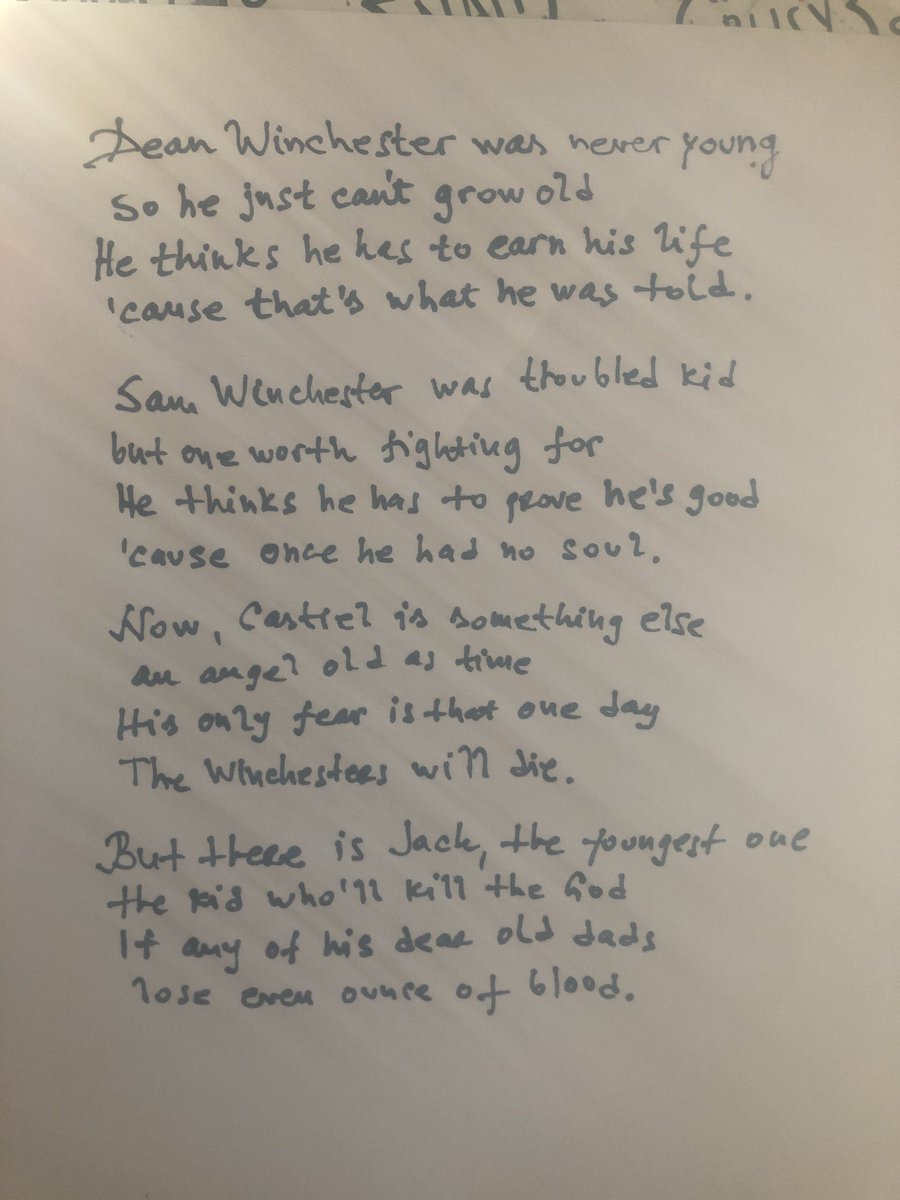 teambrkfastclub's tweet photo. ITEM 115 - A poem a poem about Sam, Dean, Castiel and Jack written in heroic couplet, triadic-line poetry, or quatrains, depending on the number of characters you use.
Item done by @padanica
#GISH #Item115 @GISH https://t.co/DyKJyczJlj
