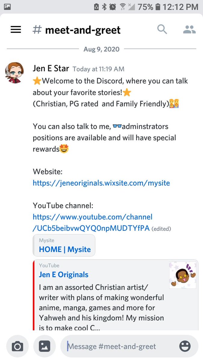 SAccessors's tweet photo. Heyo! Here it is🤗:
https://t.co/rkl7IK3O7l

Talk with me and others on the stories I create! Enjoy and have a blessed day, night or afternoon⭐

#discord 
#christian 
#share
#familyfriendly 
#jeneoriginals
#action
#adventure
#mystery
#romance
#sports
#sliceoflife
#conversation https://t.co/TAzdnuLkME