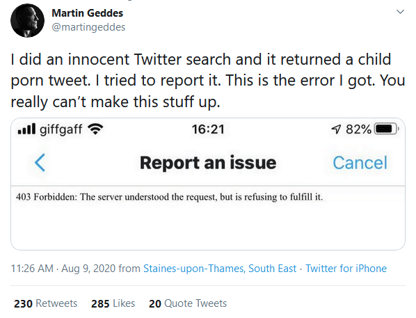I'm about to get real heavy here, so CONTENT WARNING: child sexual exploitation.Martin posted this morning and I followed up on it and now I have questions.First of all-- this is not a "report an issue" kind of thing. There is a specific form:  https://help.twitter.com/forms/cse&nbsp;