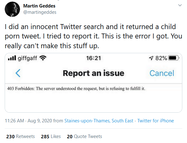 I'm about to get real heavy here, so CONTENT WARNING: child sexual exploitation.Martin posted this morning and I followed up on it and now I have questions.First of all-- this is not a "report an issue" kind of thing. There is a specific form:  https://help.twitter.com/forms/cse 