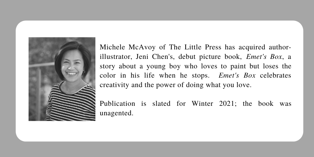 little_press's tweet photo. Another book deal! So excited to bring this colorful story to life by the A-Mazing Author/illustrator @jenichenart
A #pbpit success story. #pb @clbediting https://t.co/SIqsbGKLiT