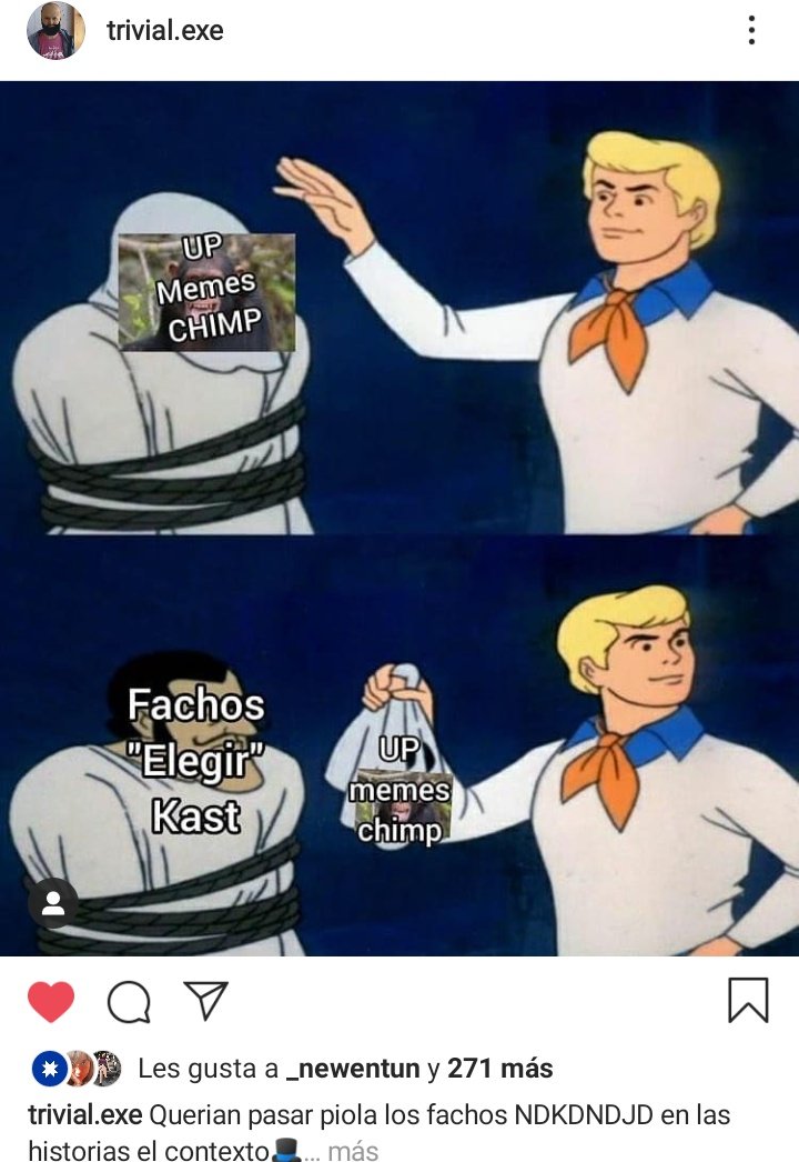 dobleaeseuve's tweet photo. ¿Han cachado esas paginas o personas que dice "ya pero no te podís enojar por un meme" y cosas asi? ¿O saben por qué da cringe crabman002 y los típicos band kids, o los que bailan fortnite en la vida real? ¿Que relación tiene esto con el #gochimp que quería llegar a la FECH? https://t.co/EBWga0Dj6k