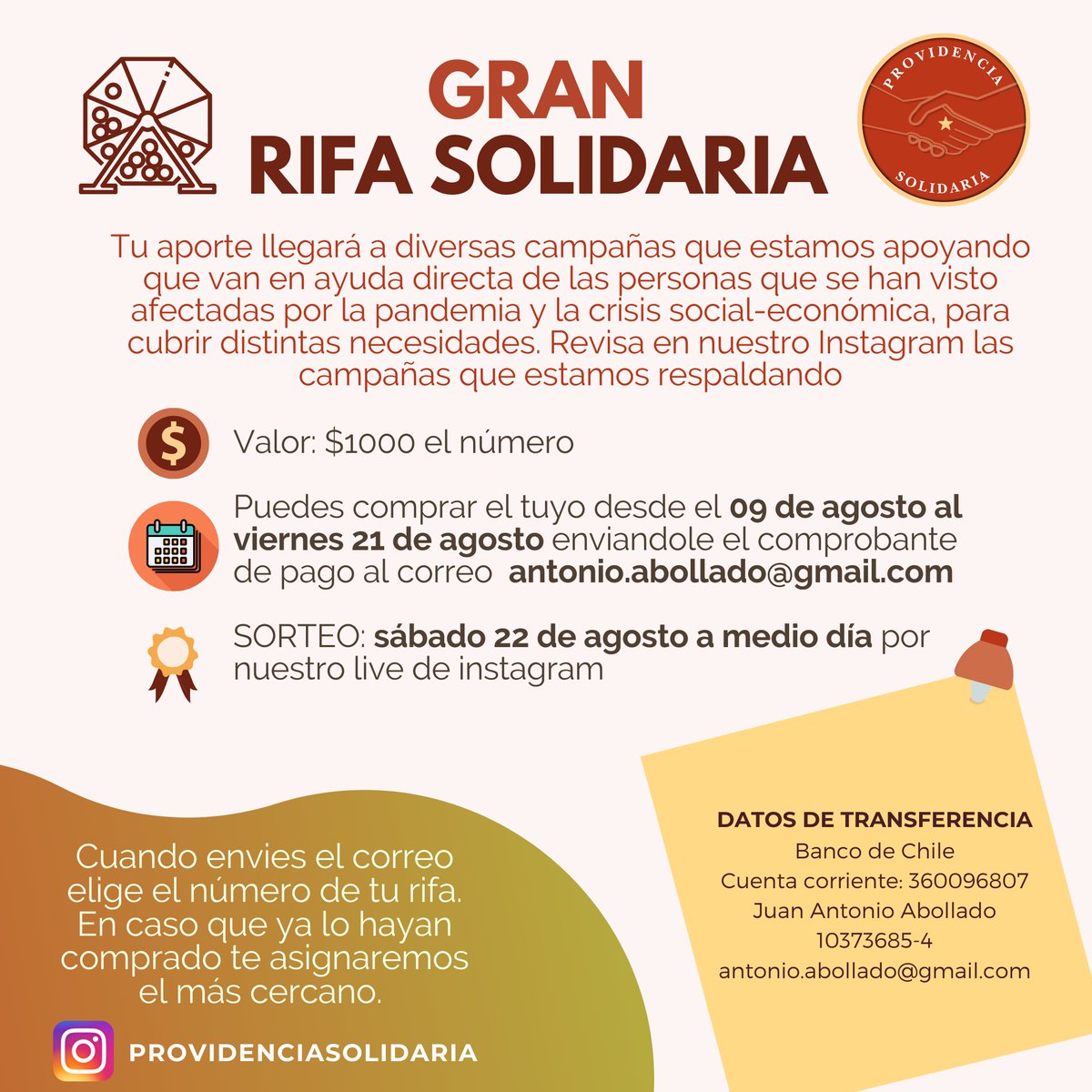 provisolidaria's tweet photo. 📢 Participa de nuestra Rifa Solidaria con el fin de juntar recursos para las campañas que estamos ayudando. 
👉🏾 Revisa en el Instagram de Providencia Solidaria las campañas y las cuentas públicas de los aportes que hemos realizado. 
👌🏾Adhesión: $1.000 #ProvidenciaSolidaria https://t.co/GjKJiCfgga