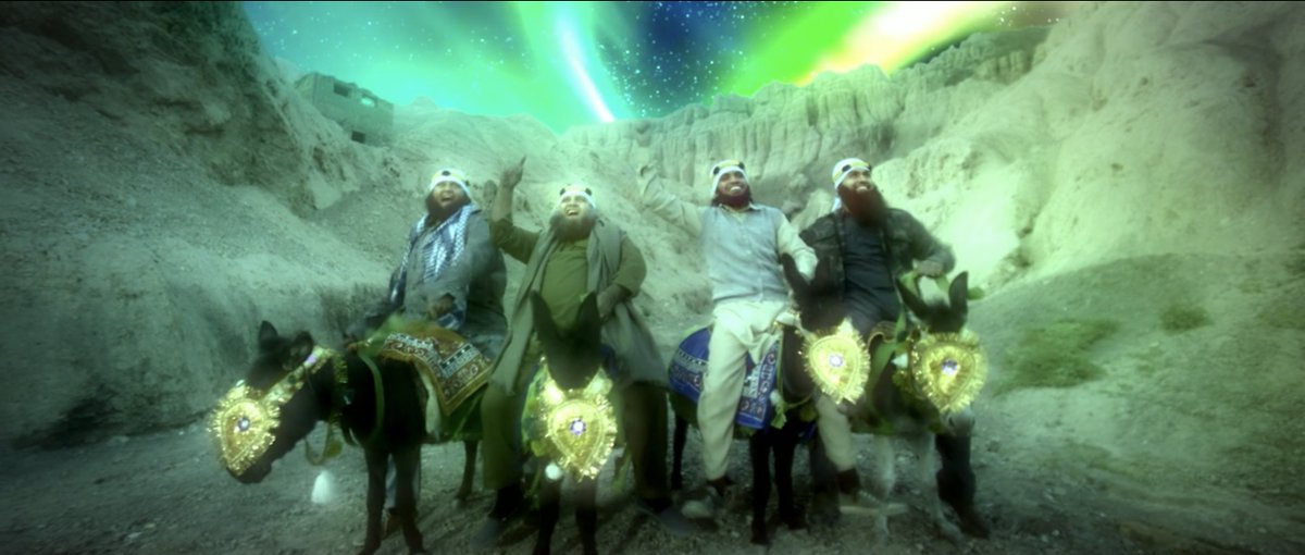 The mules re-appear in a dream about what jannat might be like (maybe its Scandinavia, where the Northern Lights are). Yeah, we took a few chances.