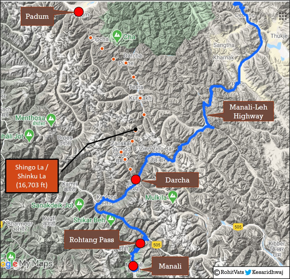 Road 1: This road starts at Darcha in Himachal Pradesh, crosses 16K+ feet high Singo La/Shinku La pass, and then follows the alignment of Lungnak river to reach Padum in Zanskar river valley.- This road also opens up direct access to Kargil sector from Himachal Pradesh+