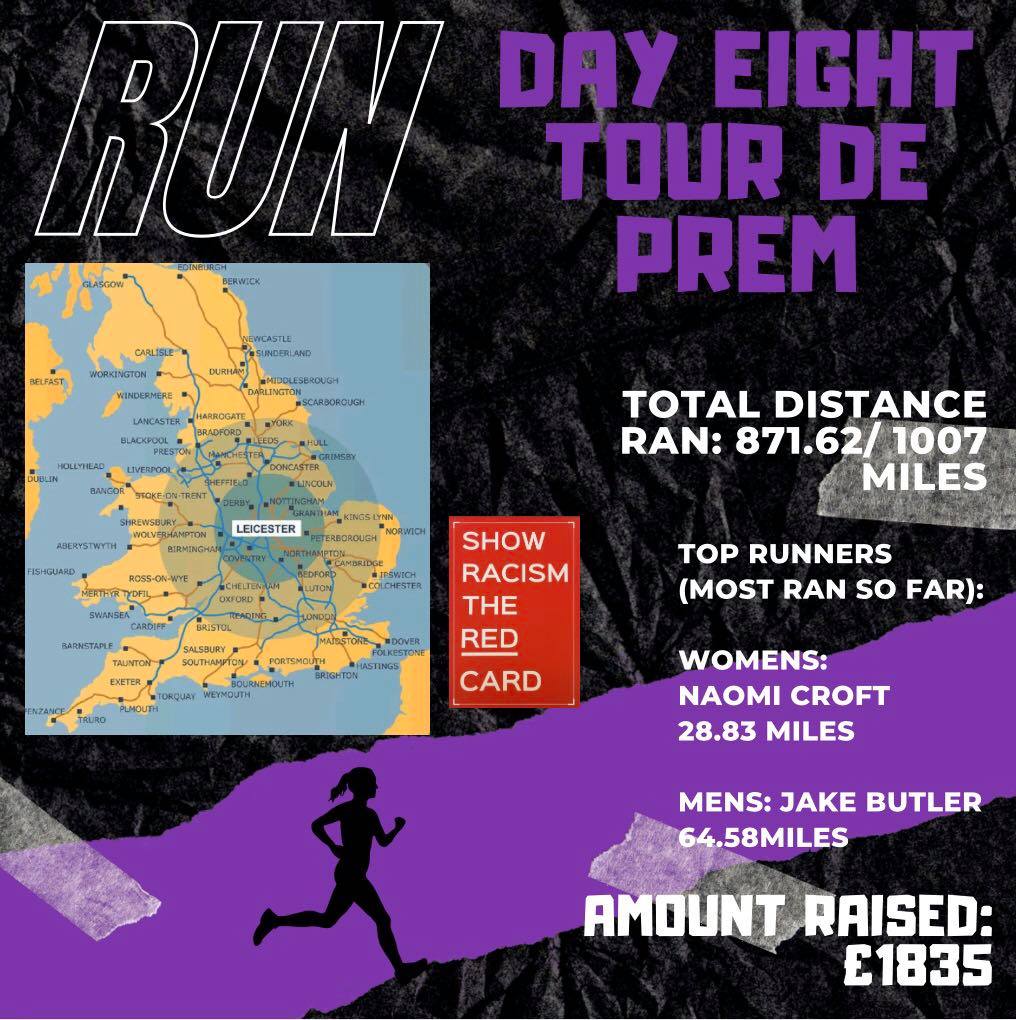 DAY 8 TOUR DE PREM! 8 days and 871 miles down! Our runners are smashing it, we are so proud of everyone. Raising money for <a href="/SRTRC_England/">Show Racism the Red Card</a>, please donate/share our fundraising page if you can at uk.gofundme.com/f/UMFC-Tour-th…