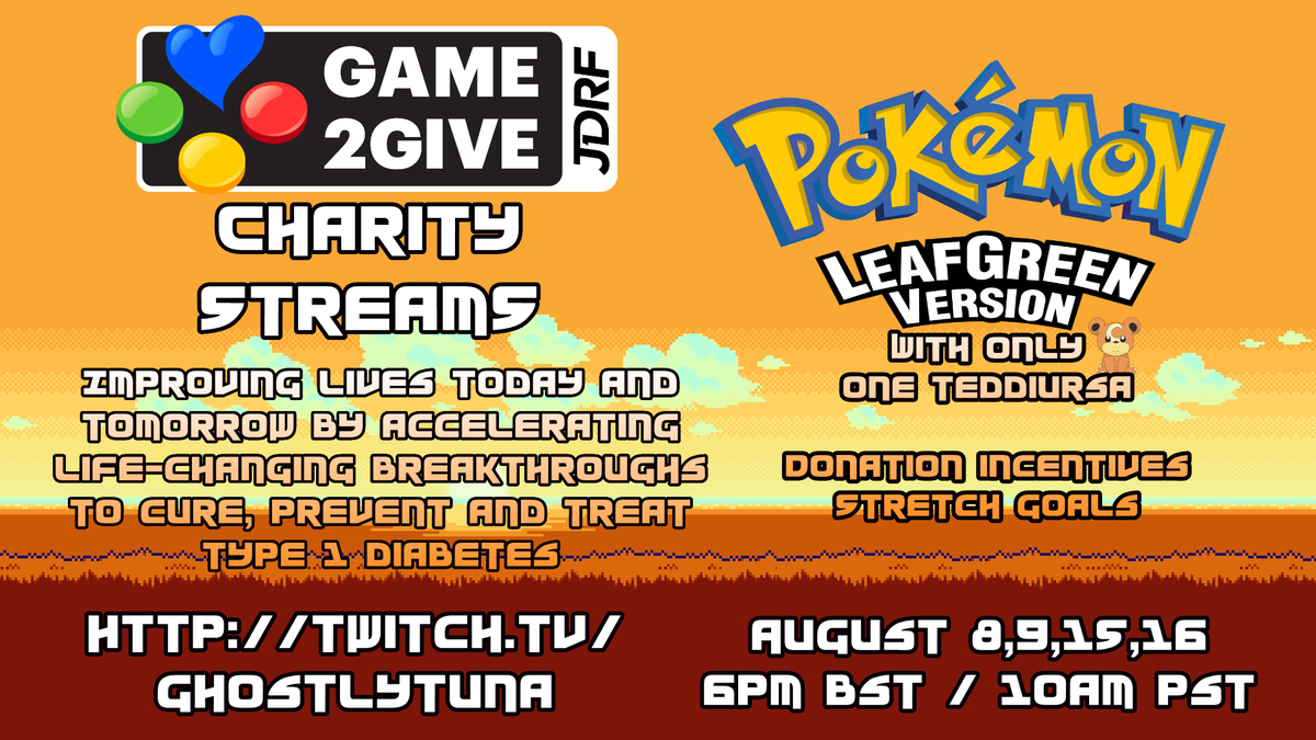 GhostlyTuna's tweet photo. We're back with day 2 of our @JDRFGame2Give charity stream! We're three badges down in Pokemon Leaf Green with only one Teddiursa! https://t.co/5q4C7ODvQl New incentives are live to make the run even harder. New bounties in an effort to eliminate type one diabetes! RT = <3 https://t.co/EgjpQLXLTJ
